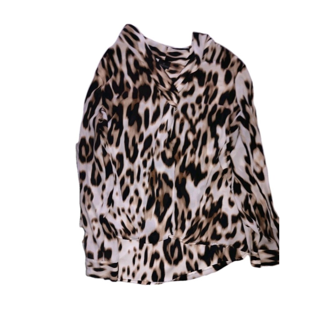 Worthington Sz L Beige Ivory Animal Print Button Up Long Sleeve Blouse Mob Wife